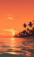 Tropical Island Sunset with Silhouette Palm Trees and Calm Waters Reflecting the Vibrant Sky Natural Background
