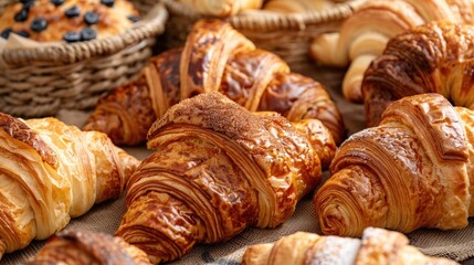 Croissant Pastries Assorted Closeup. Freshly Baked Bread in Bakery Background