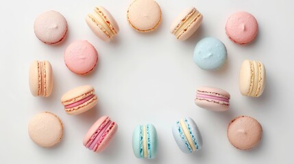 Fototapeta premium A variety of colorful macarons arranged in a perfect circle on a white background, showcasing a delightful assortment of flavors.