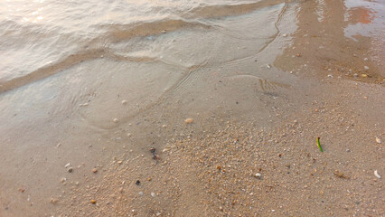 Close up soft wave lapped the sandy beach. natural abstract background and texture