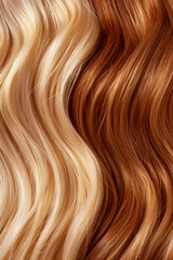 Fototapeta premium Close-up of blonde and auburn hair strands with silky smooth texture and natural shine, perfect for haircare and beauty products advertisements