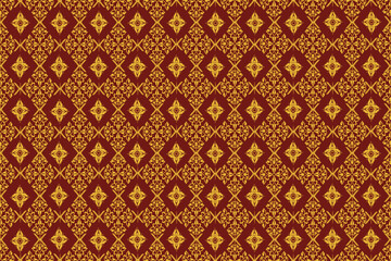 Seamless Thai pattern. Traditional orient ornament. Classic vintage gold floral on red background.Design for fabric,wallpaper or paper.