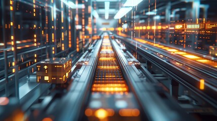 Datadriven Efficiency Futuristic Logistics Center with Glowing Conveyor Belts