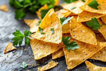 Pile of tortilla chips with parsley, snack food concept