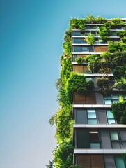 Low angle view to modern apartments house or office building with vertical living green wall