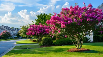 Fototapeta premium lush blooming crape myrtle trees on green lawn in a neat neighborhood
