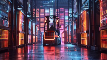 Efficient Automation Dynamic Warehouse Operations with HighTech Forklifts and Data Displays