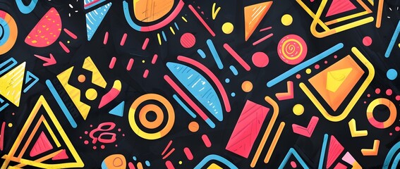 Naklejka premium Vibrant Geometric Shapes and Doodle Patterns on Chic Black Background for Trendy Designs and Branding