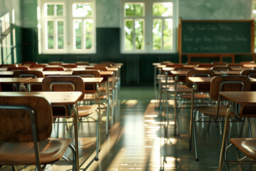 Empty Classroom with Rows of Desks