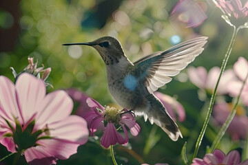 Naklejka premium Hummingbird visiting flowers, nature and wildlife