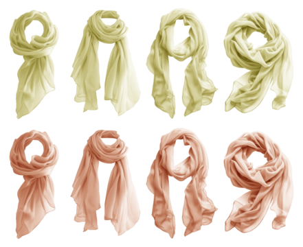 2 Set of pastel light yellow orange chiffon silk silky flowy soft scarf shawl wrap, front and flat lay view on transparent cutout PNG file. Many different angle. Mockup template for artwork design
