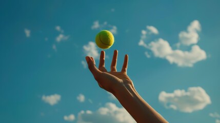A close-up shot of a woman's hand tossing a tennis ball in the air, perfectly positioned for a forehand swing