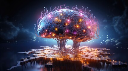 Synaptic Fusion: Glowing Neural Networks Intertwined with Futuristic Digital Circuits in Digital Brain Illustration