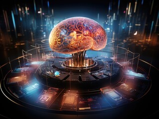 Futuristic Integration: Human Brain in Holographic Display with Technological Data Streams
