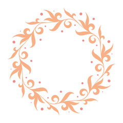 Delicate circular wreath silhouette design with intertwined floral leaves and pink dots, perfect for invitations and greeting cards.