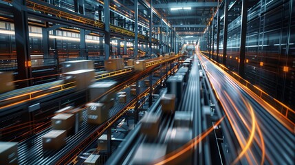 Fototapeta premium Tech Odyssey Futuristic Automated Storage System in Action with Dynamic Movement and HighTech Infrastructure