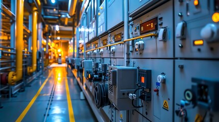 A modern industrial control room with various electrical equipment and control panels illuminated by blue and orange lighting.