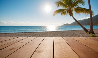 Fototapeta premium table wood for product visualization in the tropical beach