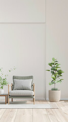 Modern interiors in neutral color with minimal furniture decor, copy space and natural lighting. Residential contemporary space for Real Estate advertising.