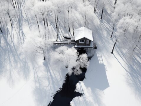  Kaleidoscopic Nature Aerial View of a Snow-Covered Treehouse by the River.jpeg