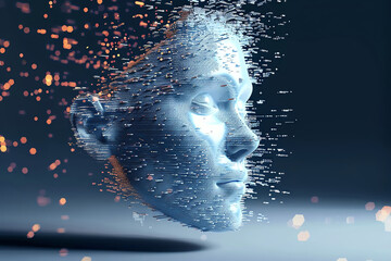 Abstract 3D human face disintegrating into particles with glowing elements on a dark background, representing technology and transformation.