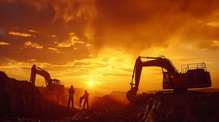 Golden Hour Progress Silhouetted Construction Workers at Sunset