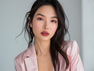 Elegant Woman in Pink Blazer with Natural Makeup, Body Skincare Glamour Photoshoot  