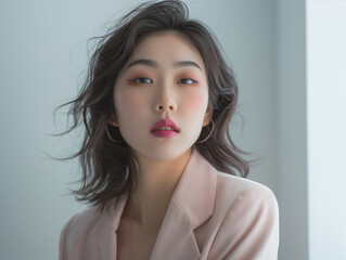 Portrait of a Confident Woman with Wavy Hair in Blazer, Body Skincare Glamour Photoshoot  