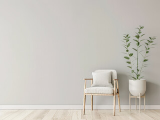 Modern interiors in neutral color with minimal furniture decor, copy space and natural lighting. Residential contemporary space for Real Estate advertising.