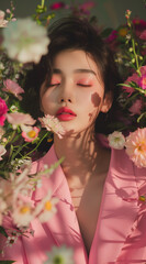 Naklejka premium Woman in Pink Blazer Surrounded by Blooming Flowers , Body Skincare Glamour Photoshoot 