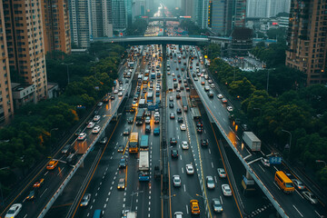 Busy city traffic overpass, urban transportation and infrastructure