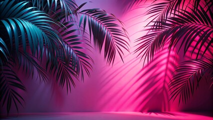 Obraz premium Blurred Palm Leaf Shadow on Pink Wall with 80s Neon Background