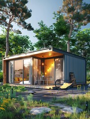 Modern shipping container house home, tiny house in sunny day. Shipping container houses is sustainable, eco-friendly living accommodation or holiday home
