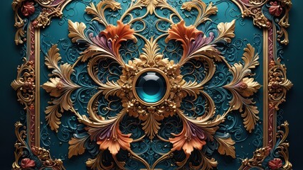 Ornate Gold and Teal Floral Design with Gemstone.