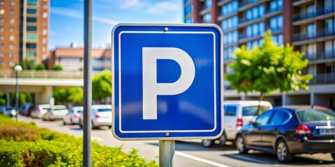 A blue parking sign is on a pole in front of a row of parked cars