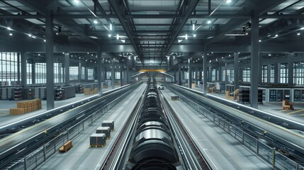 Obraz premium Efficiency in Motion Futuristic Distribution Center with Automated Conveyors and HighTech Displays