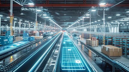 Fototapeta premium Efficiency in Motion Futuristic Distribution Center with Automated Conveyors and HighTech Displays