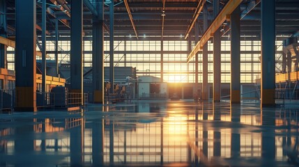 Fototapeta premium Sundown Symphony Harmonizing Technology and Nature in Warehouse Automation