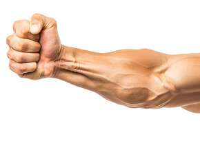 Close up man arm flexing bicep muscle on white background