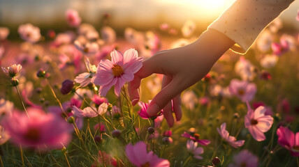 Woman's hand touching a beautiful field of cosmos flowers in mor