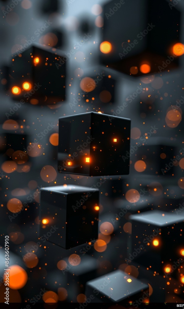 Poster a black and orange cube pattern with a lot of glowing lights