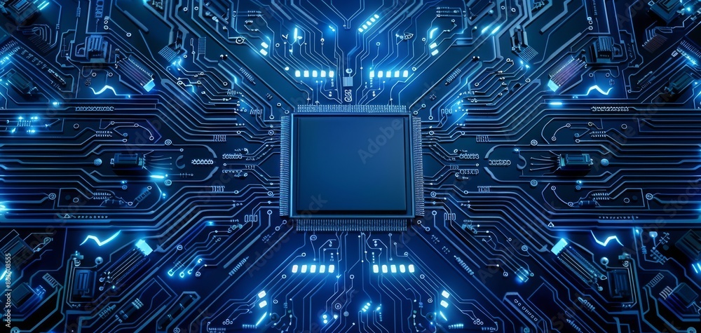 Aufkleber a computer chip with a black screen is shown in a blue background