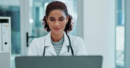 Healthcare, woman or doctor with laptop for reading, medical research and results. Connection, online consultation and female surgeon with digital for diagnosis, treatment and telehealth in hospital - Powered by Adobe