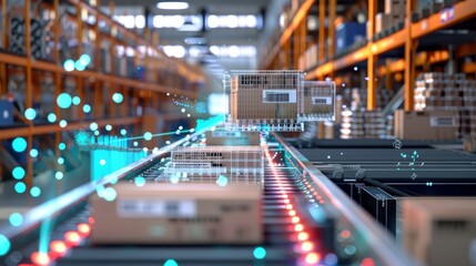 Technological Marvel Closeup of Automated Parcel Scanner Revealing Intricate Machinery and Futuristic Data Visualization