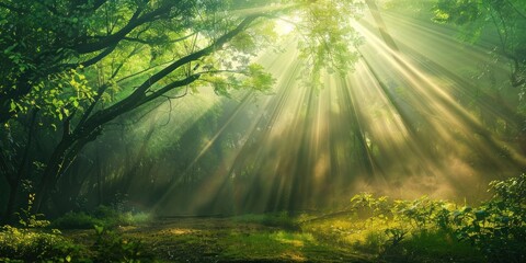 Obraz premium Scenic view of sunlight filtering through the lush green forest, creating a serene and peaceful natural environment.