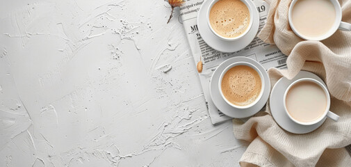 Flat lay top view of coffee cups and cappuccino on white background with newspaper, space for text
