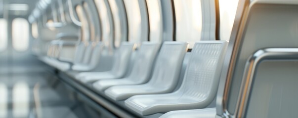 Contemporary train interior in white and grey, long metal seats and glass windows revealing a futuristic city outside