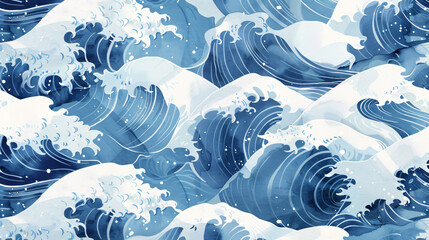 seamless pattern of ocean waves in the style of traditional Japanese art, vector illustration, hand drawn, flat design, blue and white colors, high resolution, highly detailed, high definition