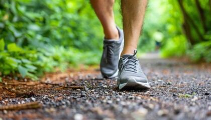 A man is walking on a path in the woods