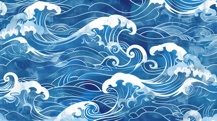 seamless pattern of ocean waves in the style of traditional Japanese art, vector illustration, hand drawn, flat design, blue and white colors, high resolution, highly detailed, high definition